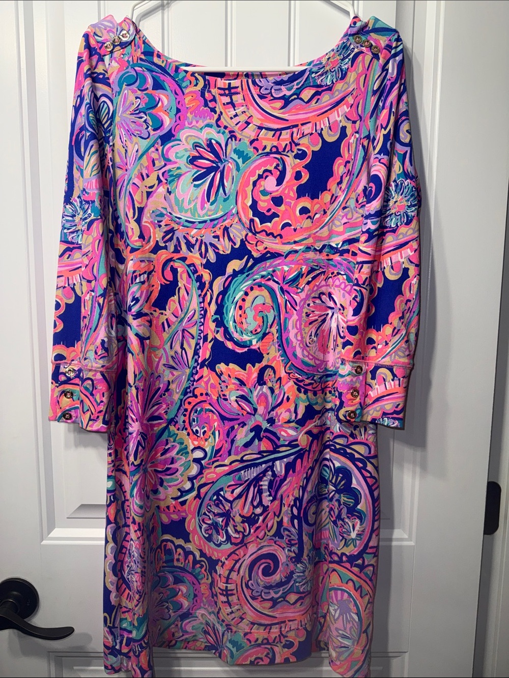Lilly Pulitzer Dress Sophie “Mermaid Call” Med Boat Neck 3/4 Sleeve Gold Buttons